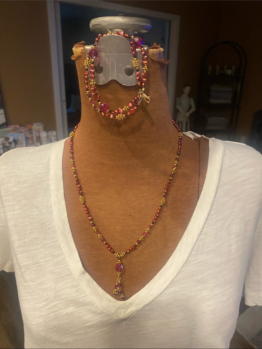 Red and Gold Beaded Women's Necklace with Matching Bracelet